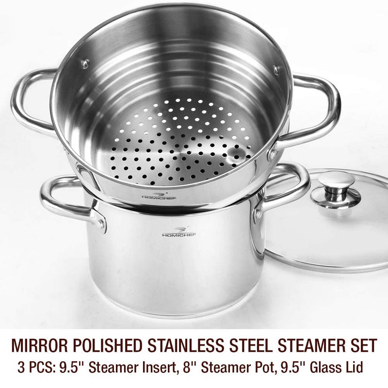 HOMICHEF 3 PCS Whole Food Steamer Set - Nickel Free Stainless Steel Veggie Steam Pot (9.5" Large Vegetable Steamer Insert With Lid, 8" Steam Pot) - Image 3